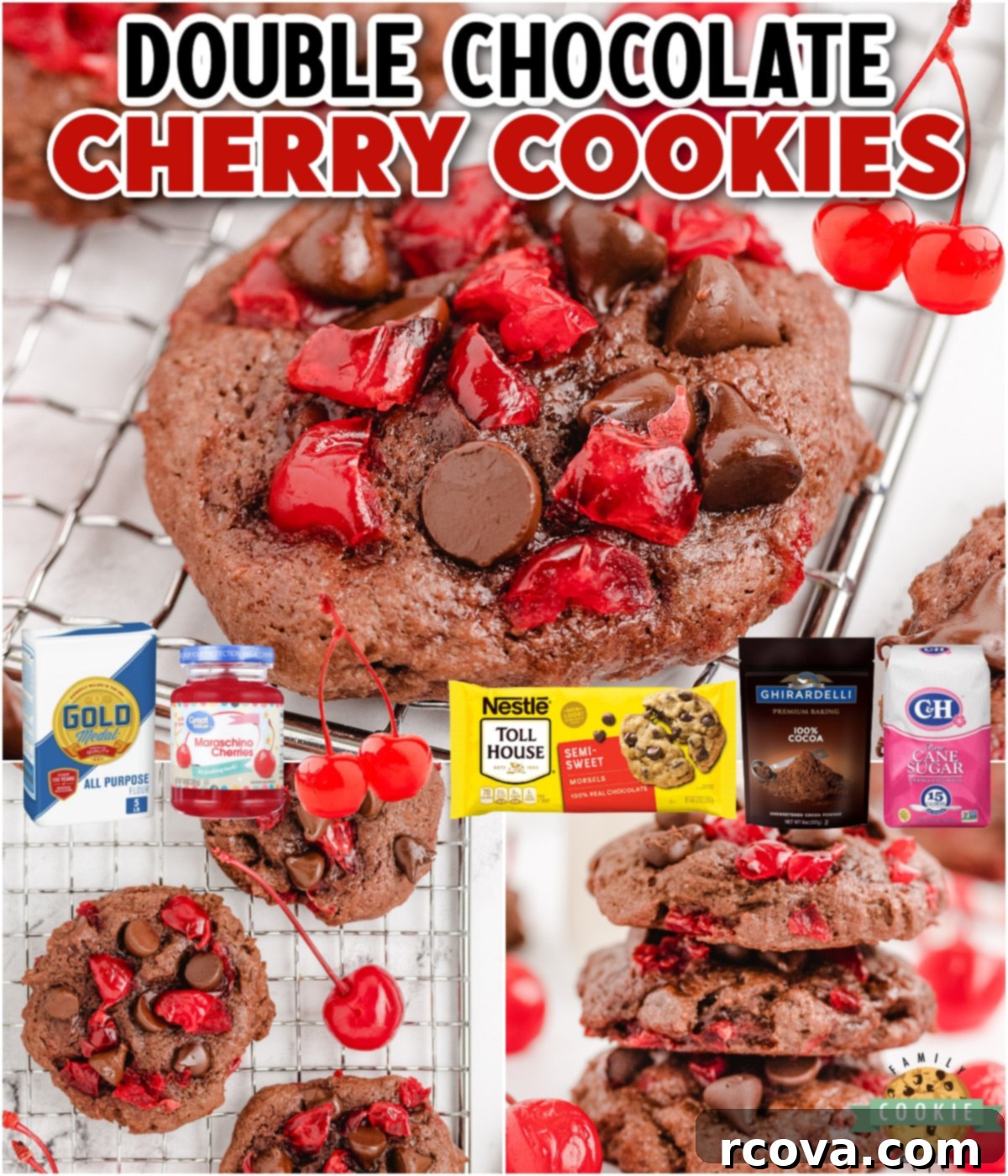 Decadent Chocolate Cherry Cookies 8 Chocolate Cherry Cookies are like a Black Forest Cake in cookie form! Soft & chewy chocolate cookies with chocolate chips & cherry bits, beautifully arranged.