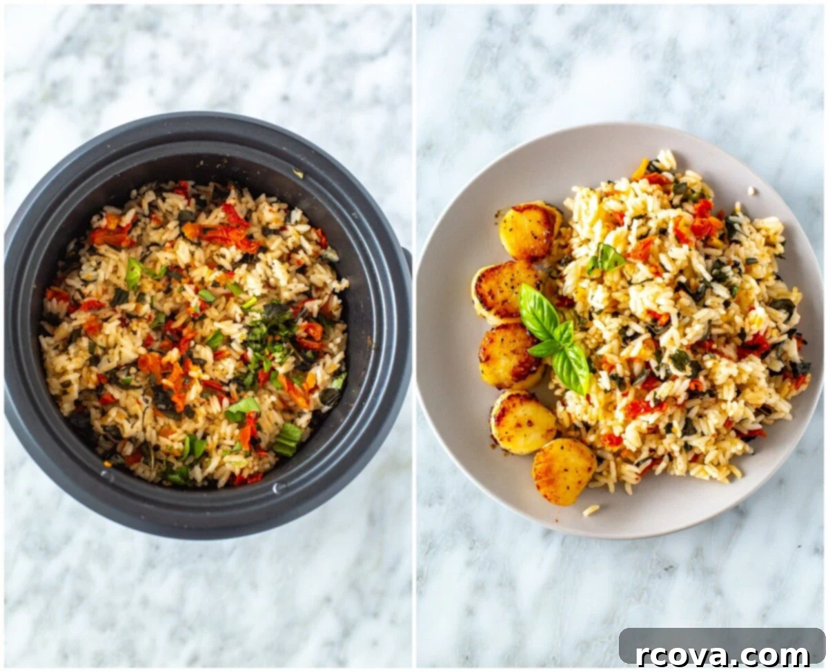 Elevate Your Dinner: 5 Simple Rice Dishes 11 A close-up of creamy tomato basil rice, featuring sun-dried tomatoes and fresh basil leaves, ideal as a flavorful side dish.