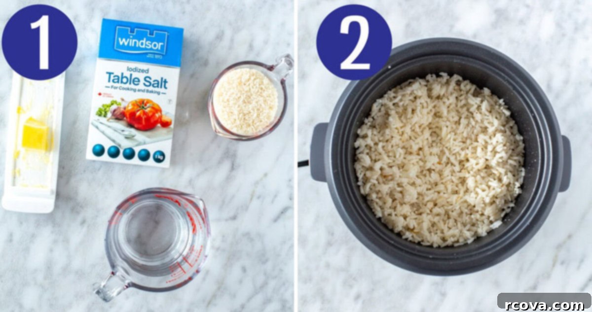 Elevate Your Dinner: 5 Simple Rice Dishes 5 Two images: one showing various ingredients like rice, coconut milk, and spices laid out; the second showing rice cooking in a pot on the stove.