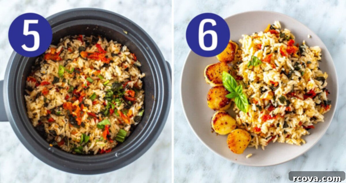 Elevate Your Dinner: 5 Simple Rice Dishes 7 Two images: one showing a spoon stirring ingredients into cooked rice; the second showing a bowl of finished, garnished rice ready to eat.