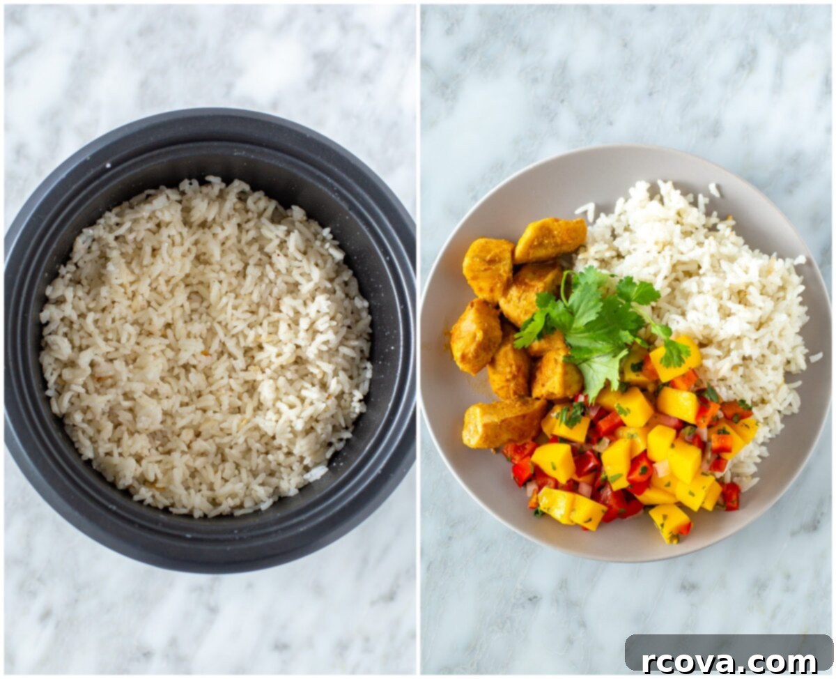 Elevate Your Dinner: 5 Simple Rice Dishes 9 A serving of fluffy coconut rice, garnished with fresh cilantro, ready to be paired with various main dishes for a tropical-inspired dinner.