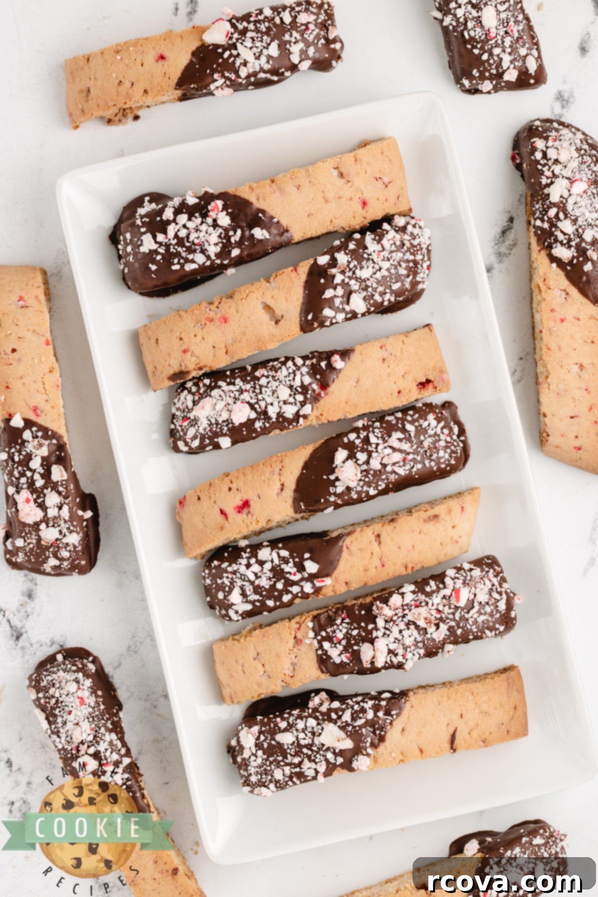 Arctic Mint Biscotti 5 Peppermint cookies dipped in chocolate.