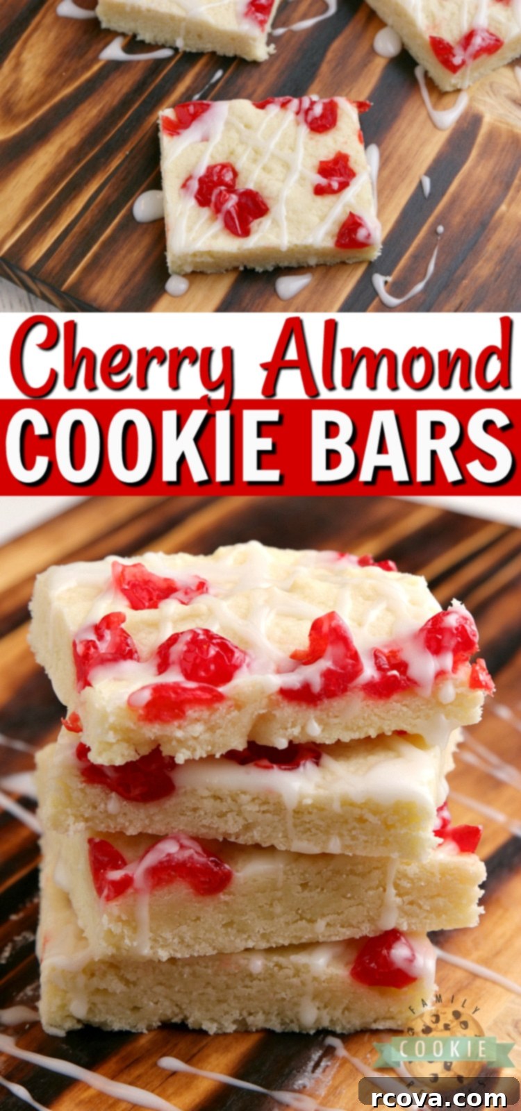 Almond Cherry Bliss Bars 8 Cherry Almond Cookie Bars are simple cookie bars that fall somewhere between a shortbread and a sugar cookie. This cookie bar recipe is packed with almond flavoring and topped with chopped maraschino cherries and a simple powdered sugar glaze.