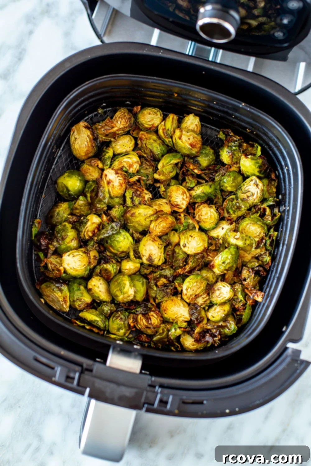 Ultimate Crispy Garlic Parmesan Air Fryer Sprouts 2 Crispy Air Fryer Brussels Sprouts with garlic, parmesan, and balsamic glaze