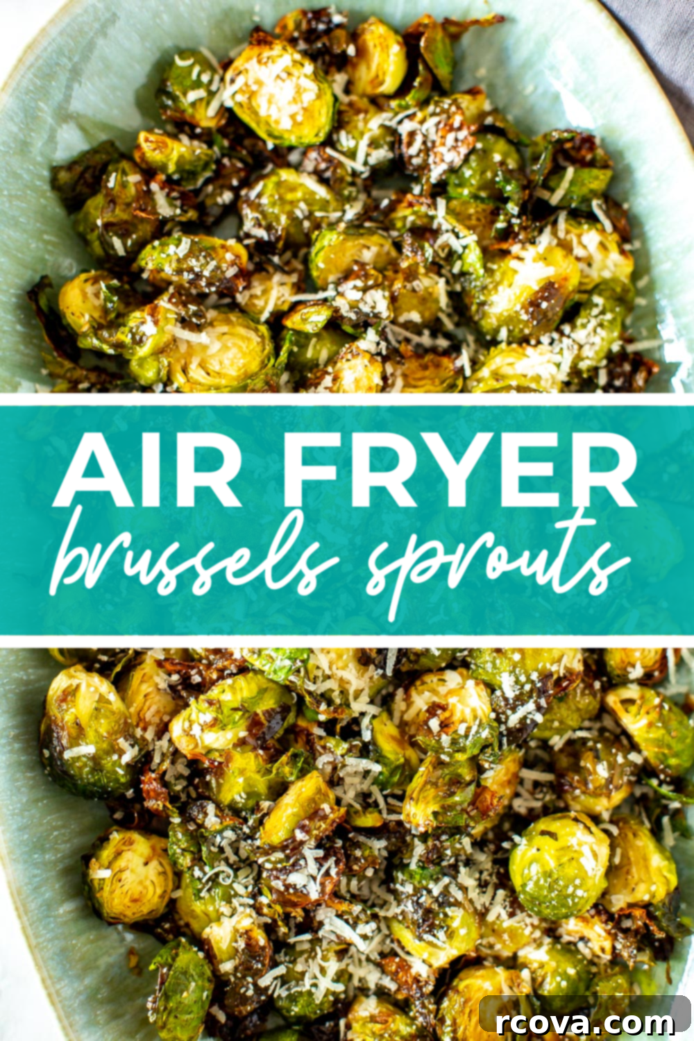 Ultimate Crispy Garlic Parmesan Air Fryer Sprouts 11 Garlic parmesan brussels sprouts on a big platter with the text "Air Fryer Brussels Sprouts" on top.