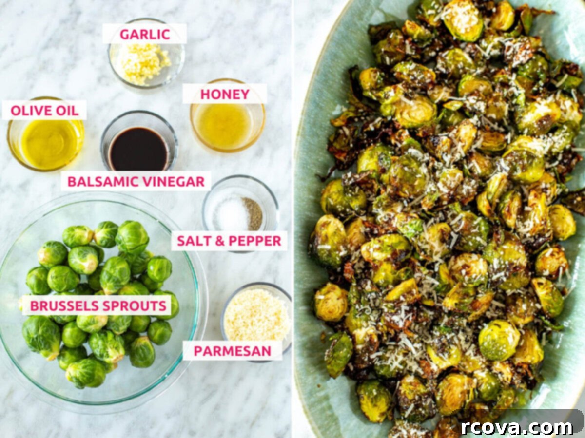 Ultimate Crispy Garlic Parmesan Air Fryer Sprouts 4 Ingredients for air fryer brussels sprouts: fresh brussels sprouts, grated parmesan cheese, balsamic vinegar, olive oil, honey, minced garlic, salt and pepper.