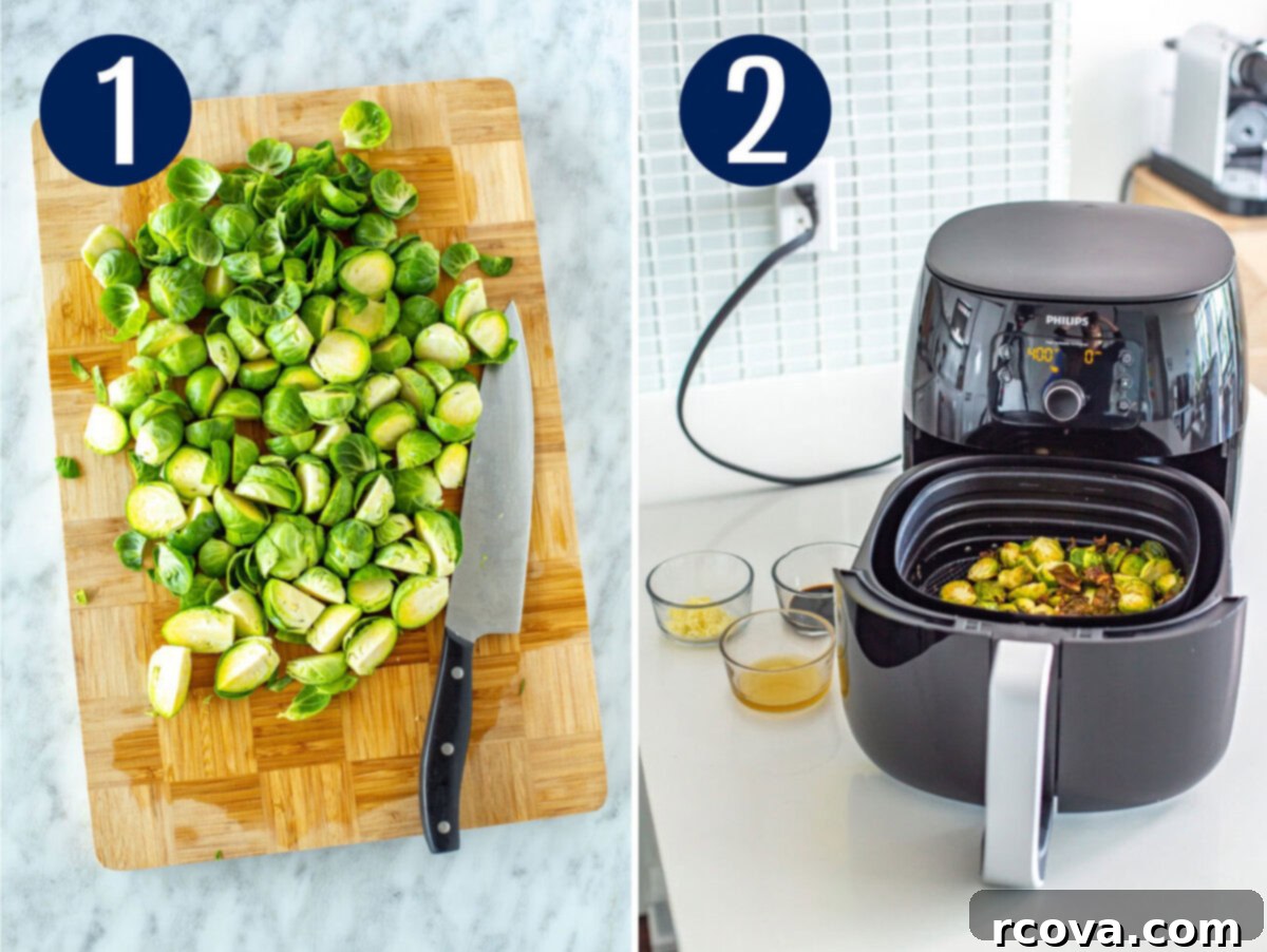 Ultimate Crispy Garlic Parmesan Air Fryer Sprouts 5 Steps 1 and 2 for making air fryer brussels sprouts: Preparing brussels sprouts by cutting them and preheating the air fryer for optimal crispiness.