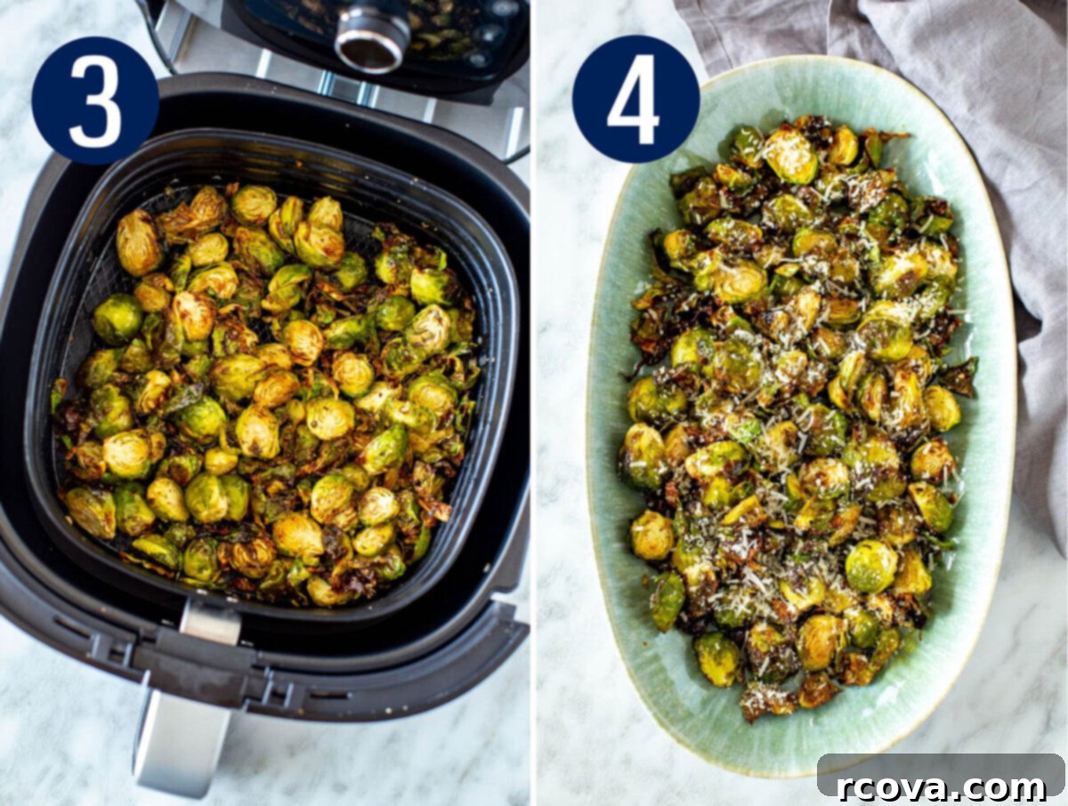 Ultimate Crispy Garlic Parmesan Air Fryer Sprouts 6 Steps 3 and 4 for making air fryer brussels sprouts: Air frying the seasoned Brussels sprouts then tossing them with parmesan cheese before serving.