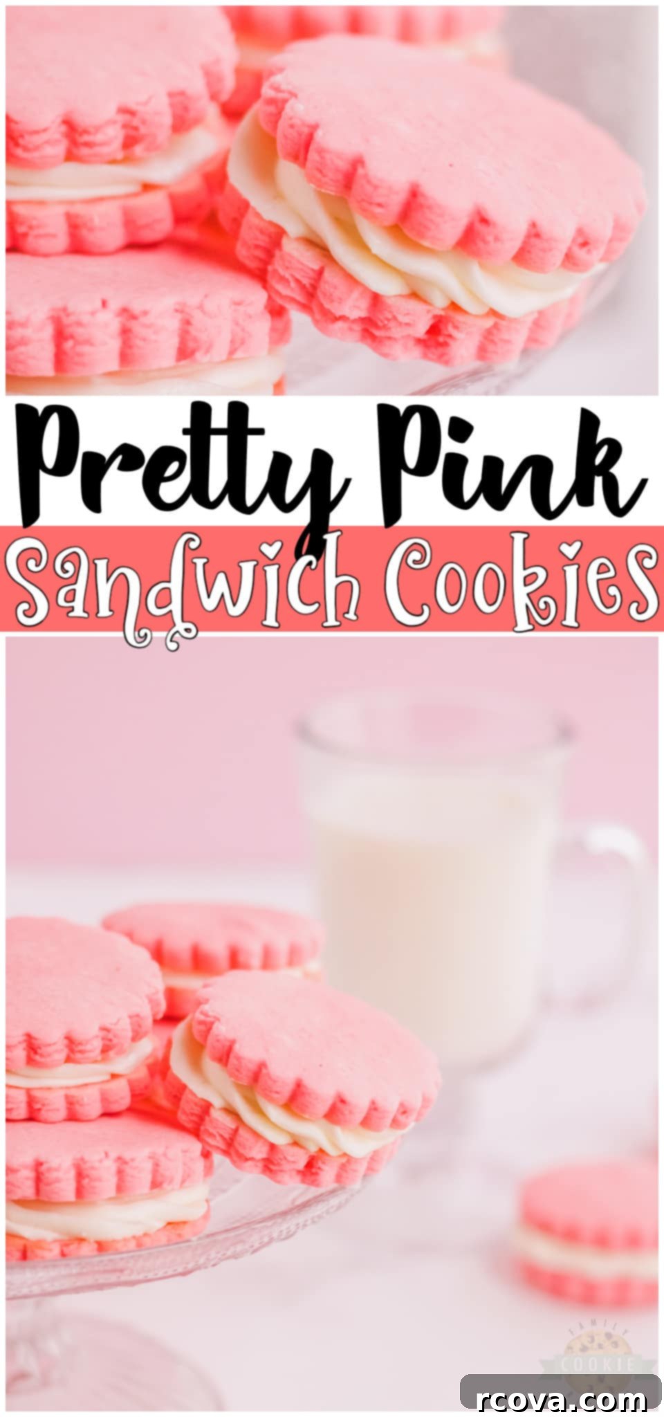 Rose Sandwich Cookies 11 Pretty Pink Sandwich Cookies begin with a fabulous sugar cookie, colored pink for Valentine's Day or any occasion! Two cookies filled with a sweet vanilla buttercream frosting for a lovely treat everyone enjoys!