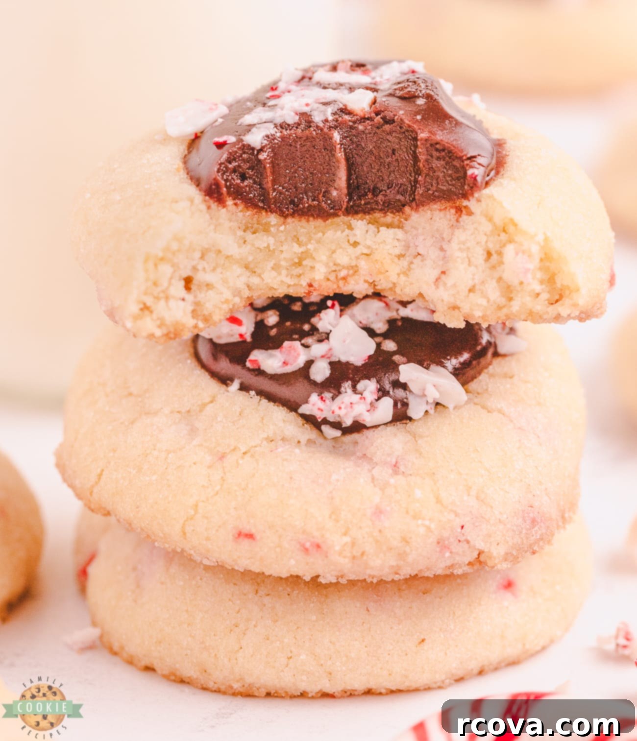 Peppermint Kissed Chocolate Thumbprints 3 chocolate peppermint cookie with a bite taken out, showing the soft interior and fudge filling