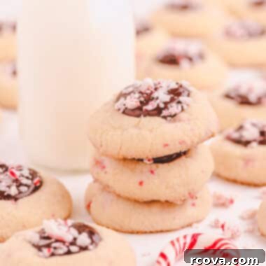 Peppermint Kissed Chocolate Thumbprints 6 stack of chocolate peppermint thumbprint cookies with fudge filling and crushed candy canes