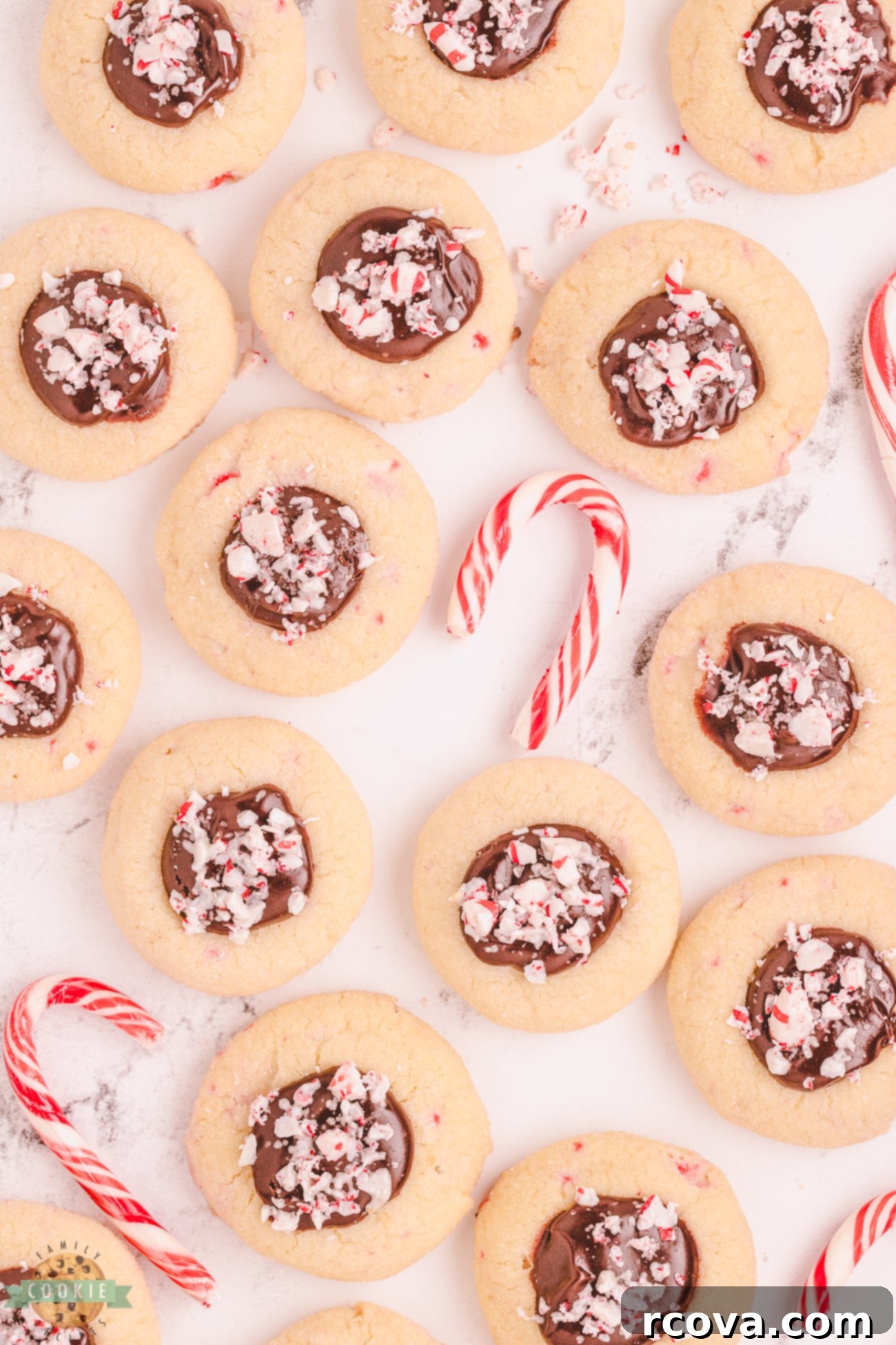 Peppermint Kissed Chocolate Thumbprints 7 chocolate peppermint thumbprint cookies topped with crushed candy canes on a white plate