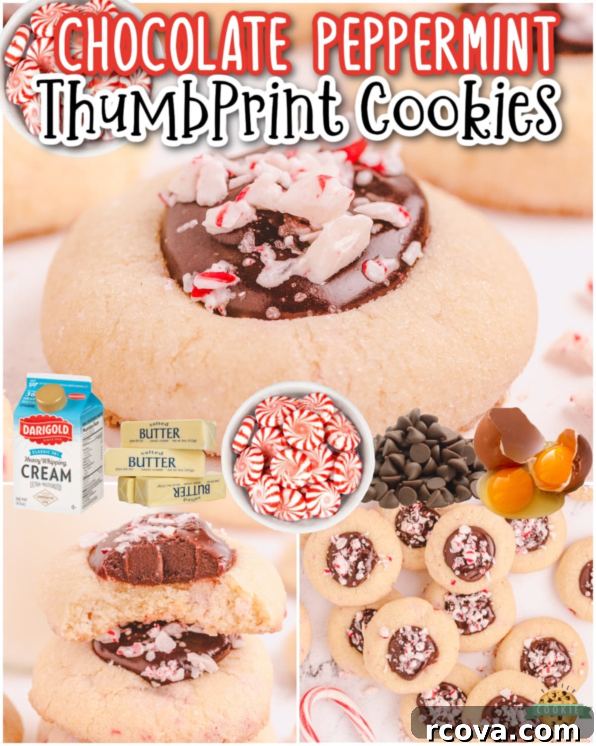 Peppermint Kissed Chocolate Thumbprints 8 A collage of Peppermint Chocolate Thumbprint Cookies, showcasing their buttery texture, crushed candy canes, and luscious chocolate fudge topping, perfect for festive occasions.