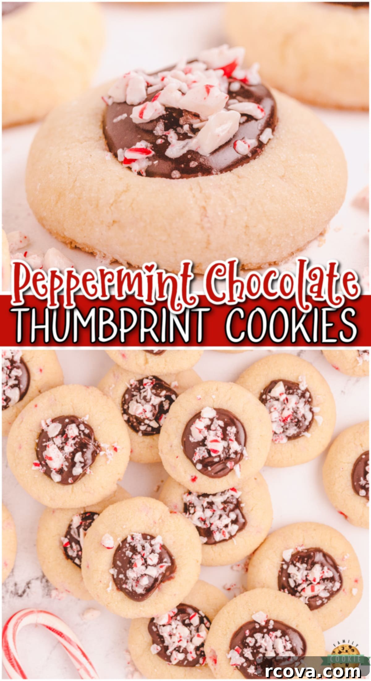Peppermint Kissed Chocolate Thumbprints 9 Peppermint Chocolate Thumbprint Cookies are buttery cookies dotted with crushed candy canes & topped with a pool of chocolate fudge for delightfully festive thumbprints! - A Pinterest-optimized image.