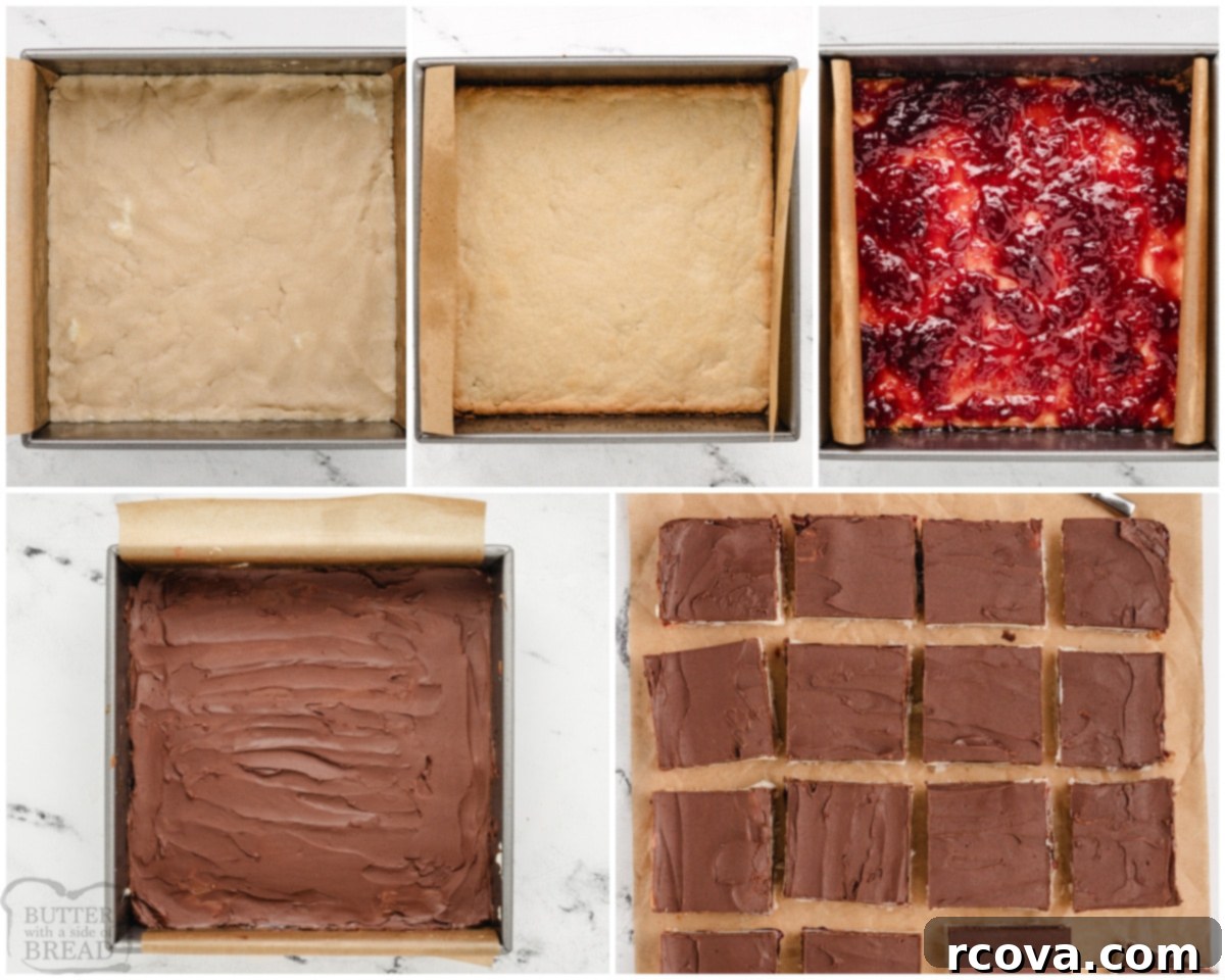 Gourmet Raspberry Chocolate Bars 4 Hands pressing cookie dough into a baking pan for chocolate raspberry cookie bars.