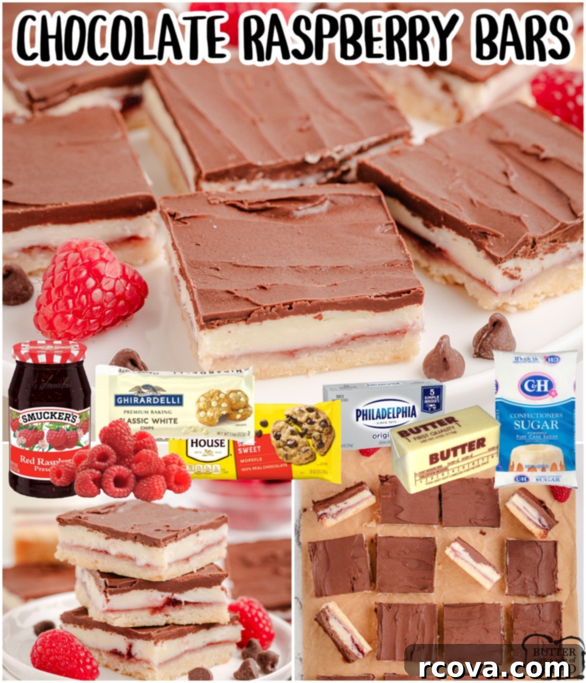 Gourmet Raspberry Chocolate Bars 8 A vibrant collage image displaying delicious Raspberry Chocolate Bars with their rich layers and fresh raspberries, highlighting their perfect balance of flavors.