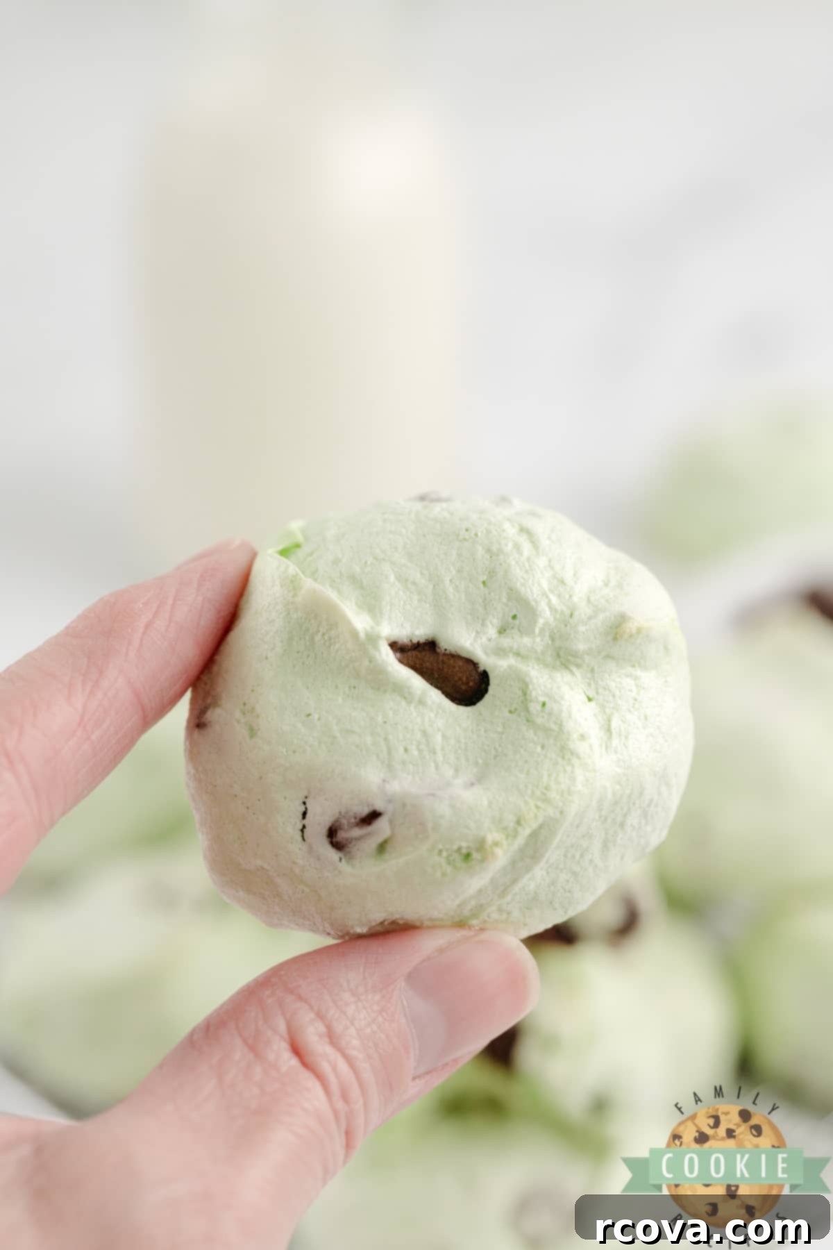 Cool Mint Chocolate Chip Meringue Clouds 13 A festive pile of Mint Chocolate Chip Meringue Cookies on a white plate, ready for a party.