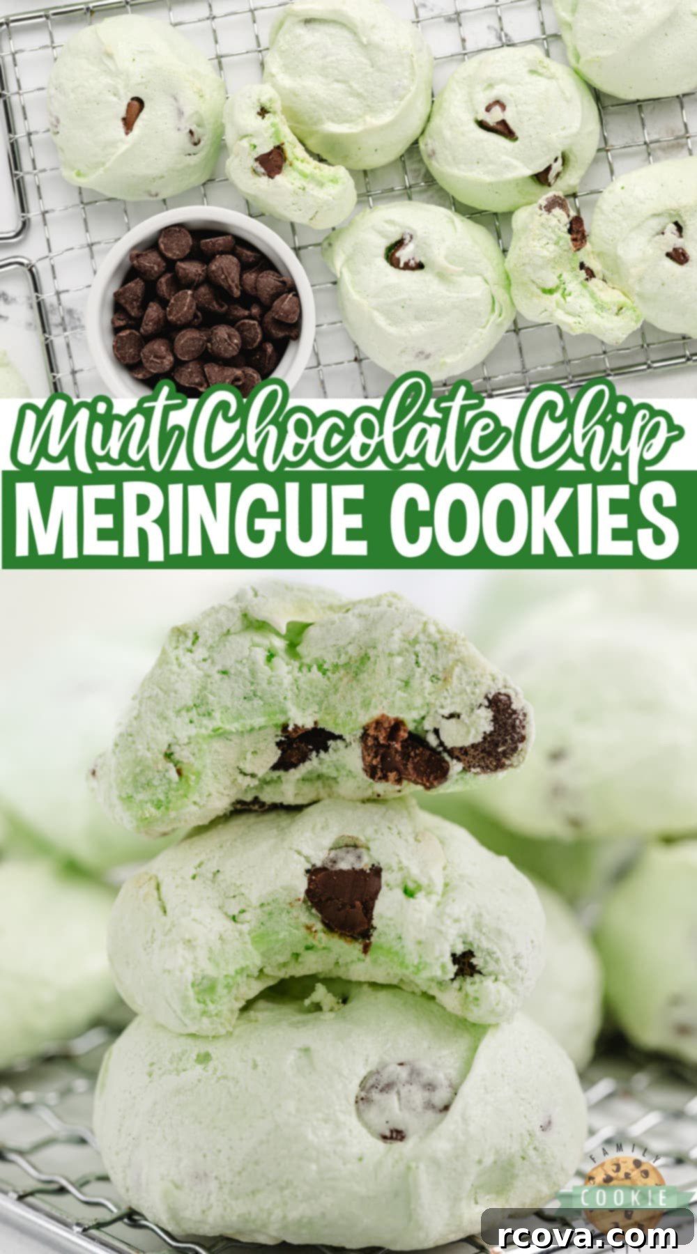 Cool Mint Chocolate Chip Meringue Clouds 14 A large pile of freshly baked Mint Chocolate Chip Meringue Cookies, showcasing their appealing light green color and delightful texture.