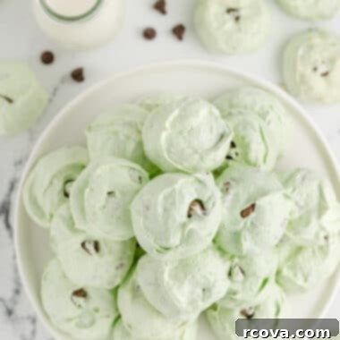 Cool Mint Chocolate Chip Meringue Clouds 10 Close-up of vibrant green Mint Chocolate Chip Meringue Cookies, showcasing their delicate texture and scattered chocolate chips, ready to be enjoyed.