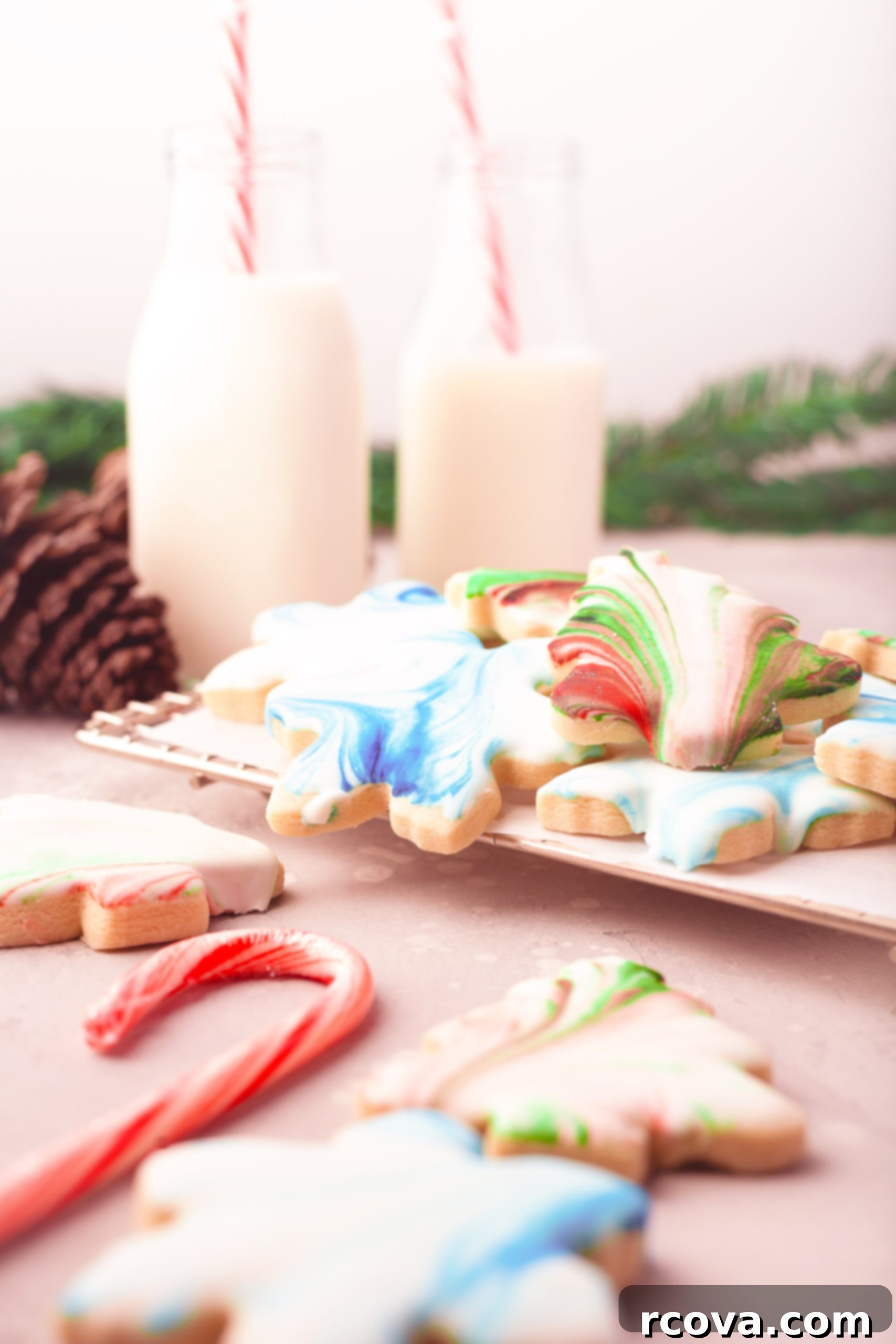 Festive Marbled Christmas Cookies 3 Close-up of marbled sugar cookies decorated for Christmas
