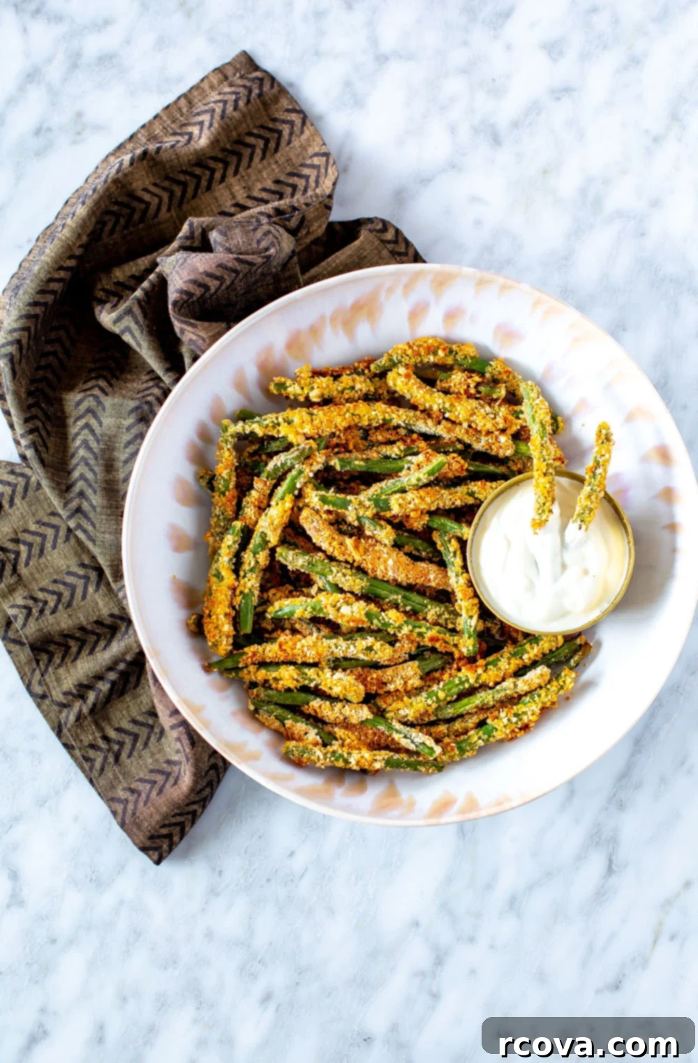Crispy Green Bean Fries Air Fried or Baked 2 Crispiest Green Bean Fries on a plate with dipping sauce