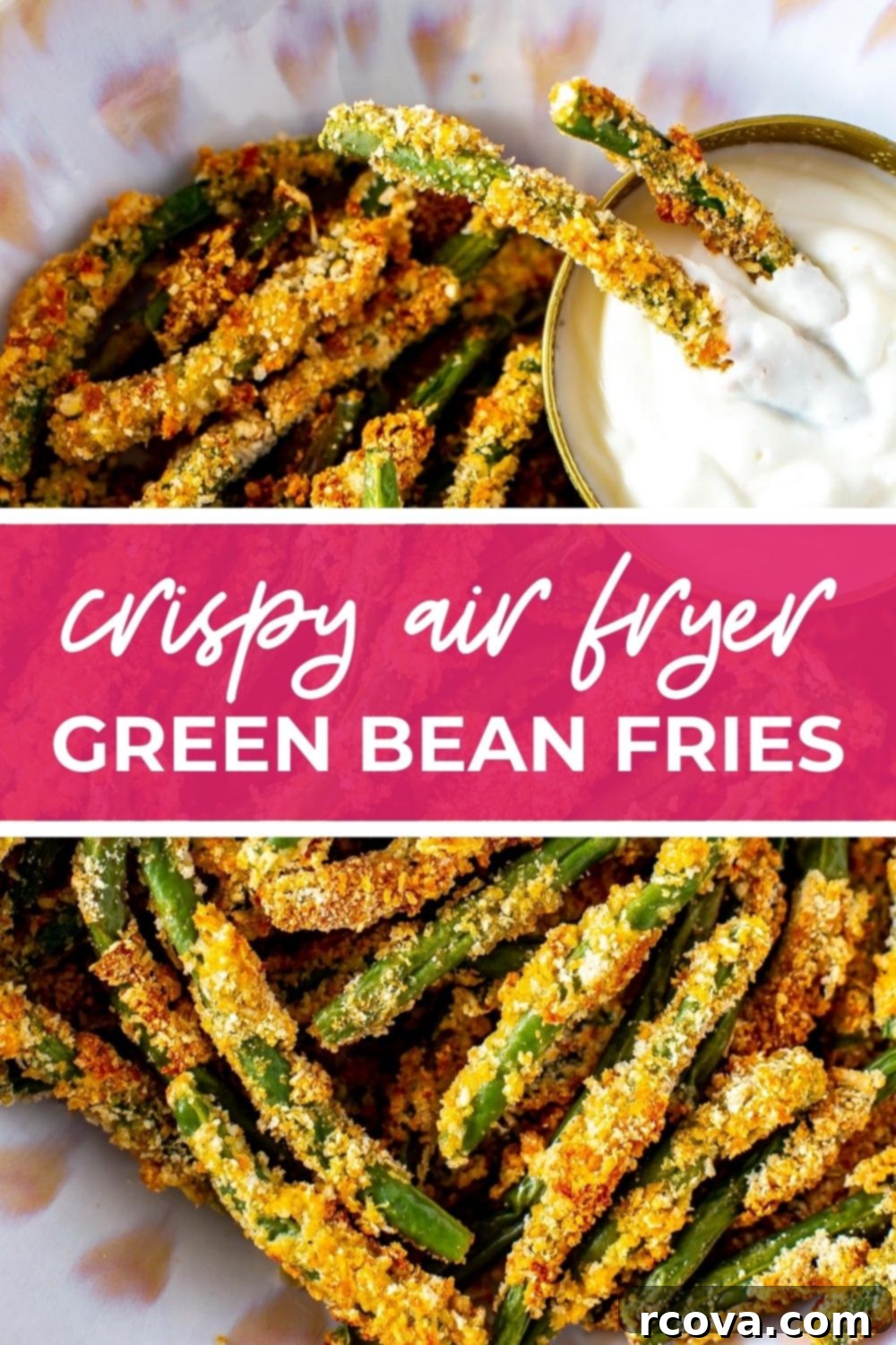 Crispy Green Bean Fries Air Fried or Baked 11 Crispy green bean fries, with text that says 'Crispy Air Fryer Green Bean Fries'