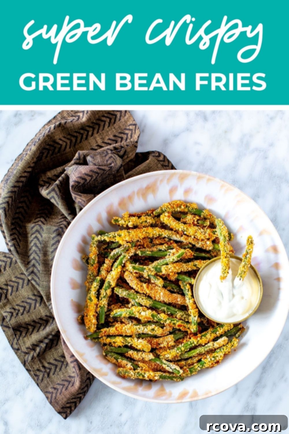 Crispy Green Bean Fries Air Fried or Baked 12 Crispy green bean fries, with text that says 'Crispy Air Fryer Green Bean Fries'