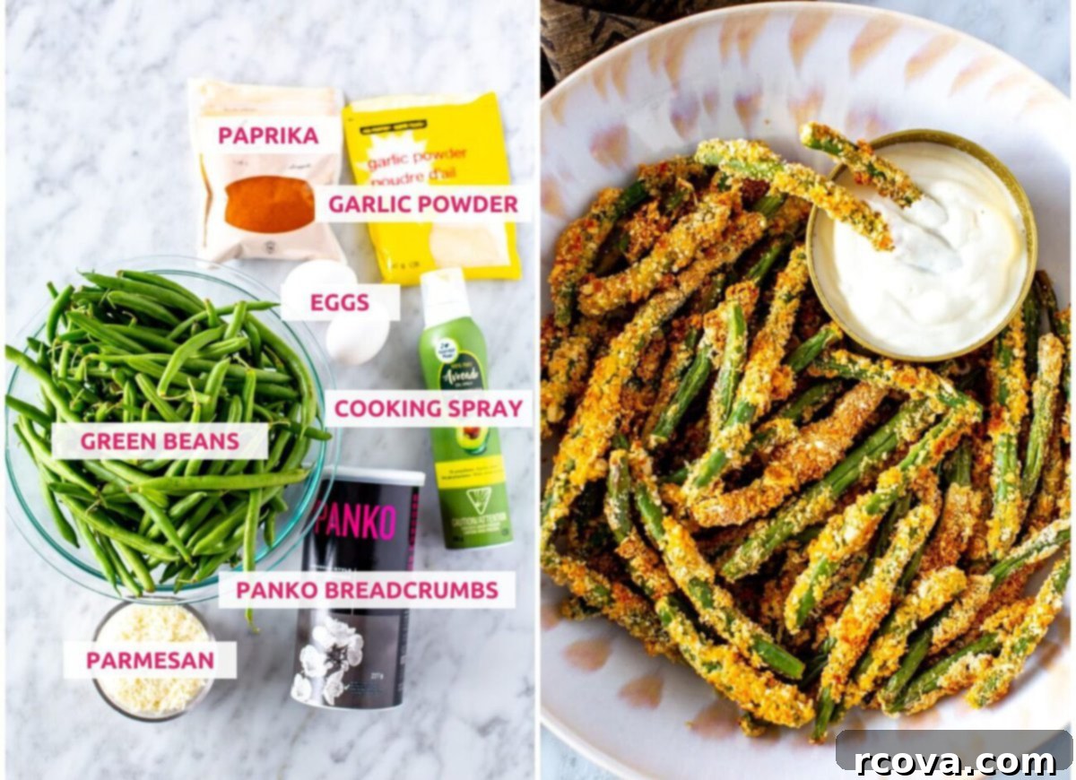 Crispy Green Bean Fries Air Fried or Baked 4 Ingredients for making green bean fries: paprika, garlic powder, eggs, green beans, cooking spray, panko breadcrumbs and parmesan.