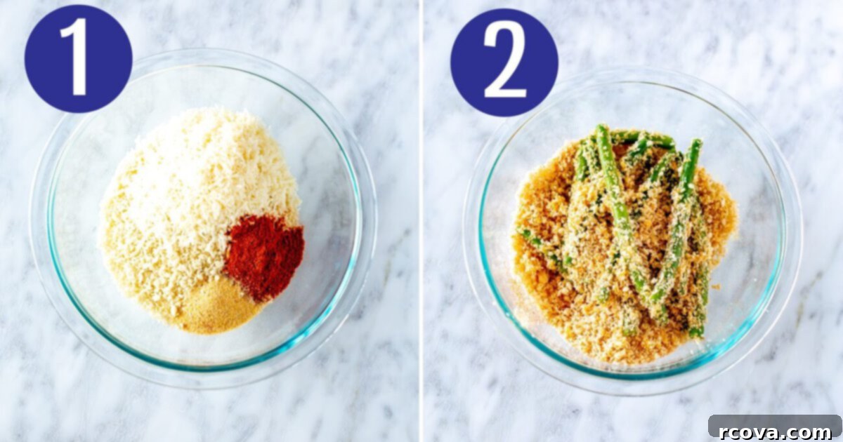 Crispy Green Bean Fries Air Fried or Baked 5 Steps 1 and 2 for making green bean fries showing breadcrumb mixture and coated beans