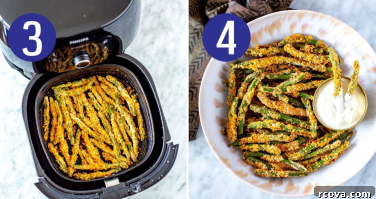 Crispy Green Bean Fries Air Fried or Baked 6 Steps 3 and 4 for making green bean fries showing air frying and tossing