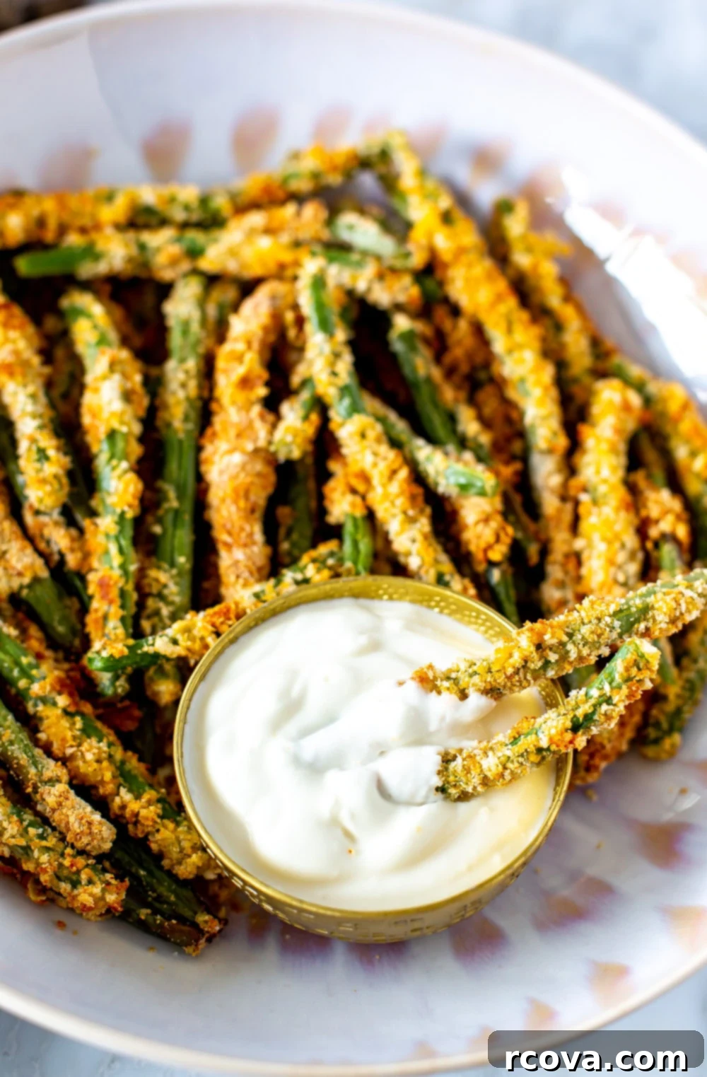 Crispy Green Bean Fries Air Fried or Baked 8 Crispiest Green Bean Fries on a wooden board