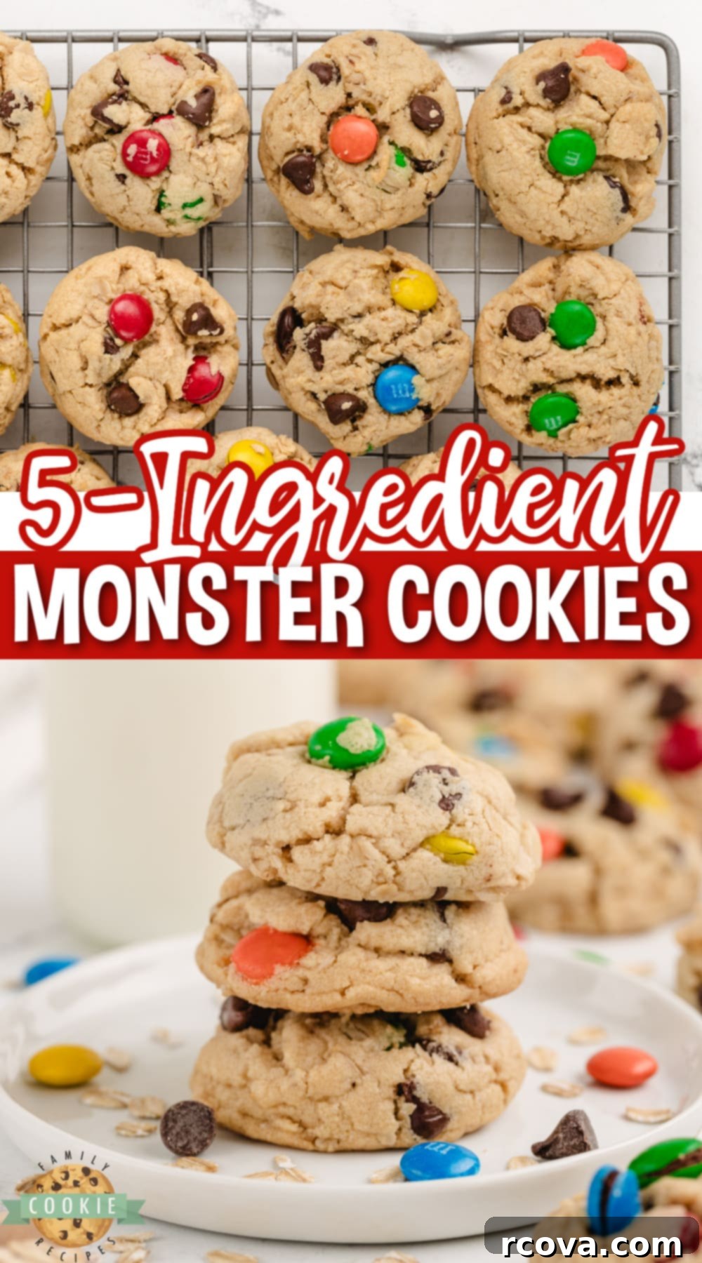 Easy 5-Ingredient Monster Cookies 13 A close-up shot of several 5-Ingredient Monster Cookies, showcasing their chewy texture and colorful toppings.