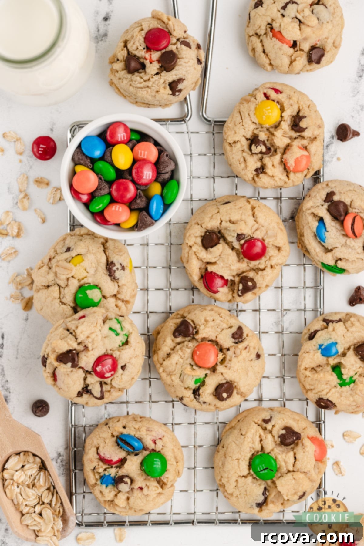 Easy 5-Ingredient Monster Cookies 3 Close-up of easy Monster Cookies with visible M&Ms, chocolate chips, and oats.