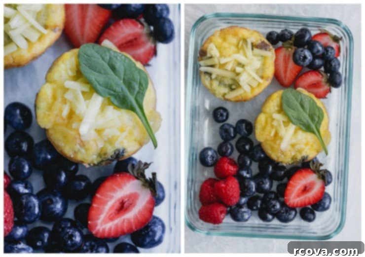 Savory Sausage and Cheese Egg Muffins Made Simple 3 Close up of a Sausage, Spinach, and Cheese Egg Cup, ready to eat