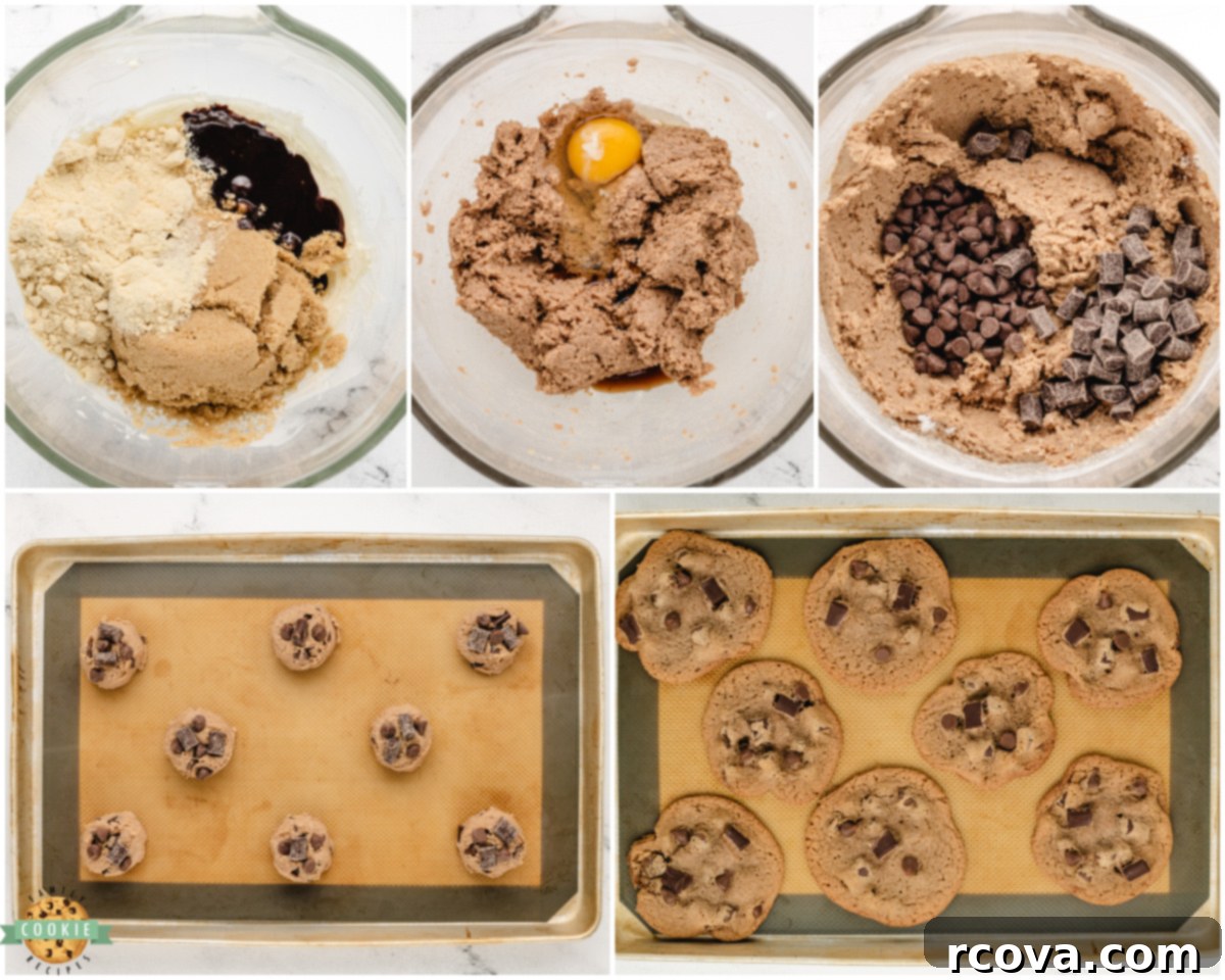 Signature Malted Chocolate Chip Cookies 3 Step-by-step process of making malted chocolate chip cookies, showing ingredients mixed into dough
