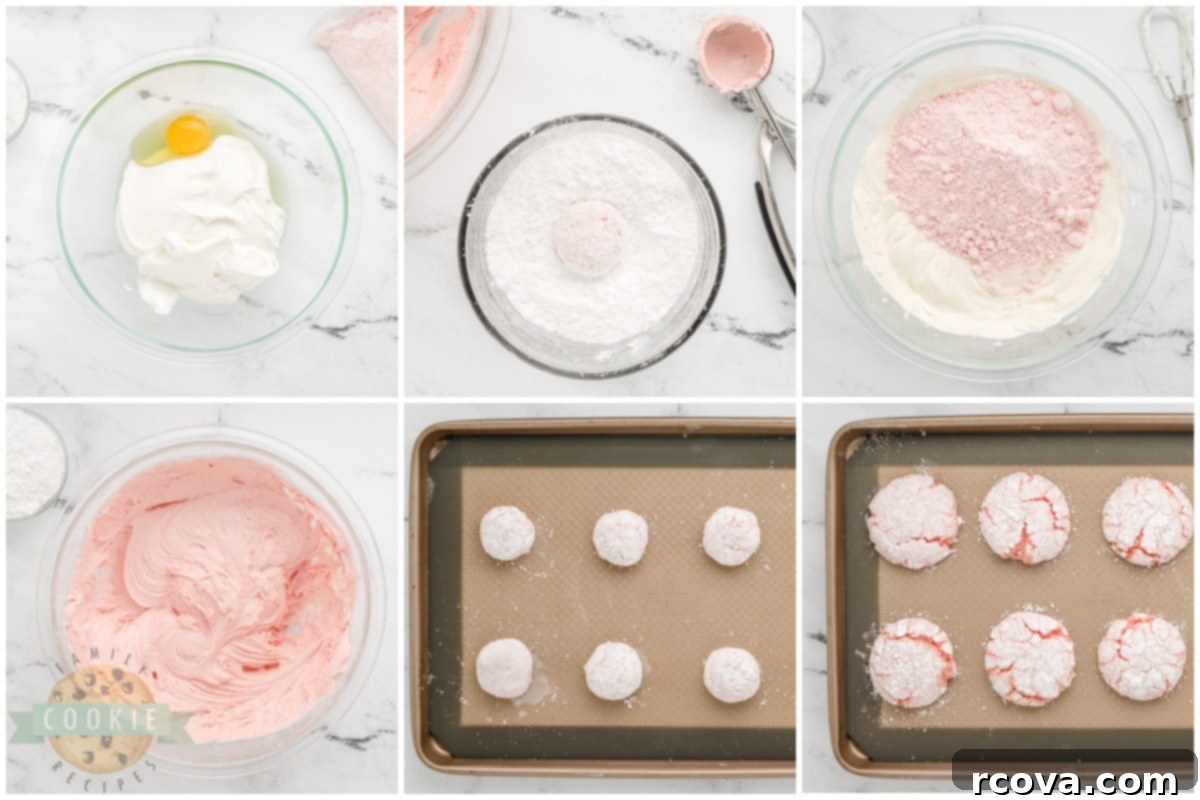 Whipped Strawberry Cloud Cookies 5 Hands rolling a ball of strawberry cake mix cookie dough in a bowl of powdered sugar, demonstrating a key step in making these easy and lighter cookies.