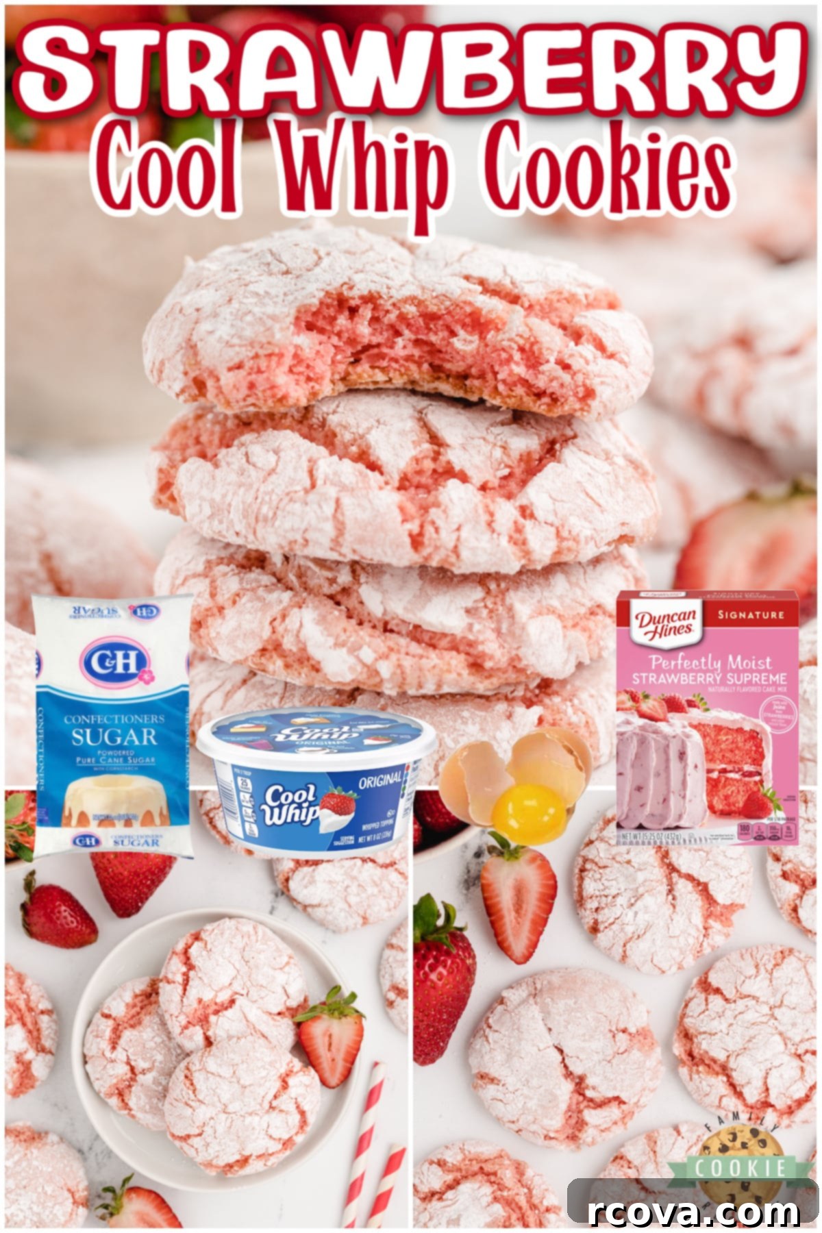 Whipped Strawberry Cloud Cookies 6 A collage of various photos showcasing Strawberry Cool Whip Cookies: fresh out of the oven, dusted with powdered sugar, and a close-up of their soft, pink texture, emphasizing their appeal as an easy and lighter cake mix cookie.