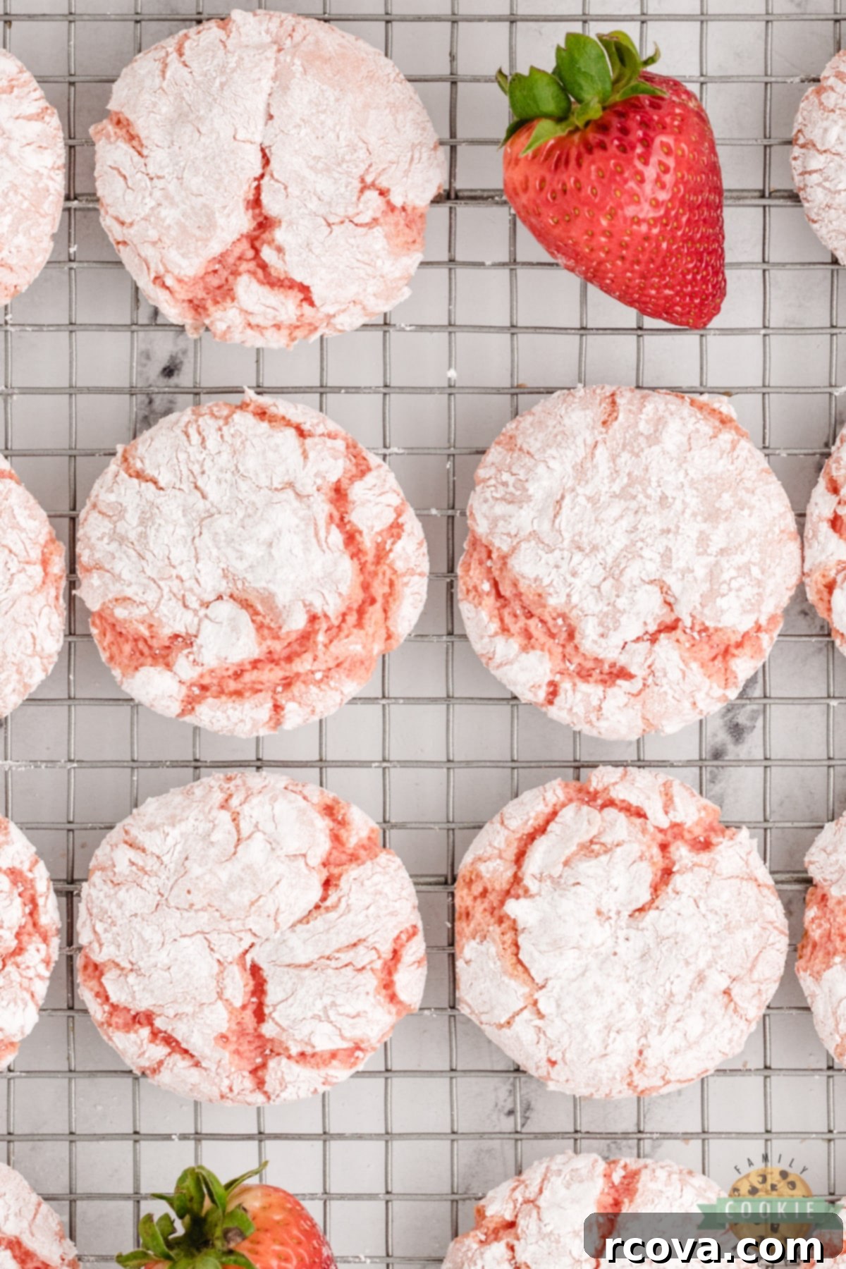 Whipped Strawberry Cloud Cookies 8 A single Strawberry Cool Whip Cookie with a crinkled, powdered sugar coating on a light background, highlighting its delicate pink hue and inviting texture. An easy, light strawberry cookie recipe.