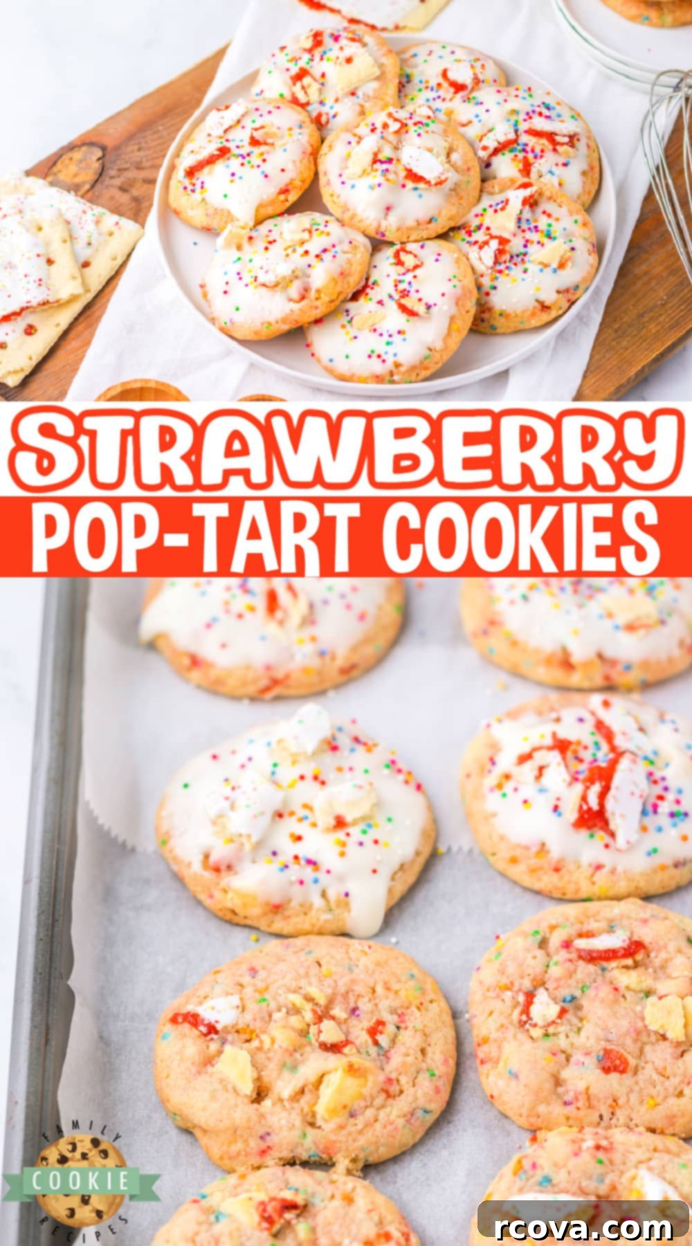 Pop-Tart Strawberry Cookie Fusion 11 A beautifully arranged plate of Strawberry Pop-Tart Cookies, showcasing their glaze, Pop-Tart pieces, and sprinkles.