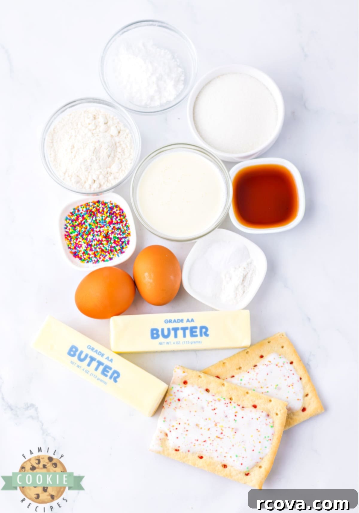 Pop-Tart Strawberry Cookie Fusion 4 Assortment of ingredients laid out for making Strawberry Pop-Tart Cookies.
