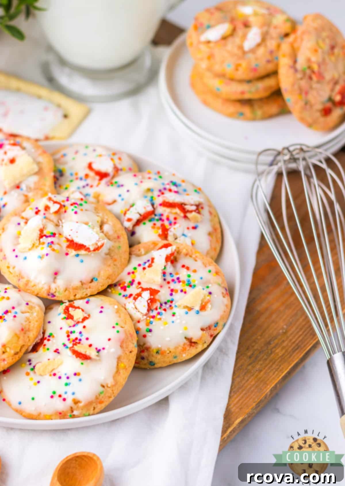 Pop-Tart Strawberry Cookie Fusion 10 A stack of delicious Strawberry Pop-Tart Cookies with glaze and sprinkles.