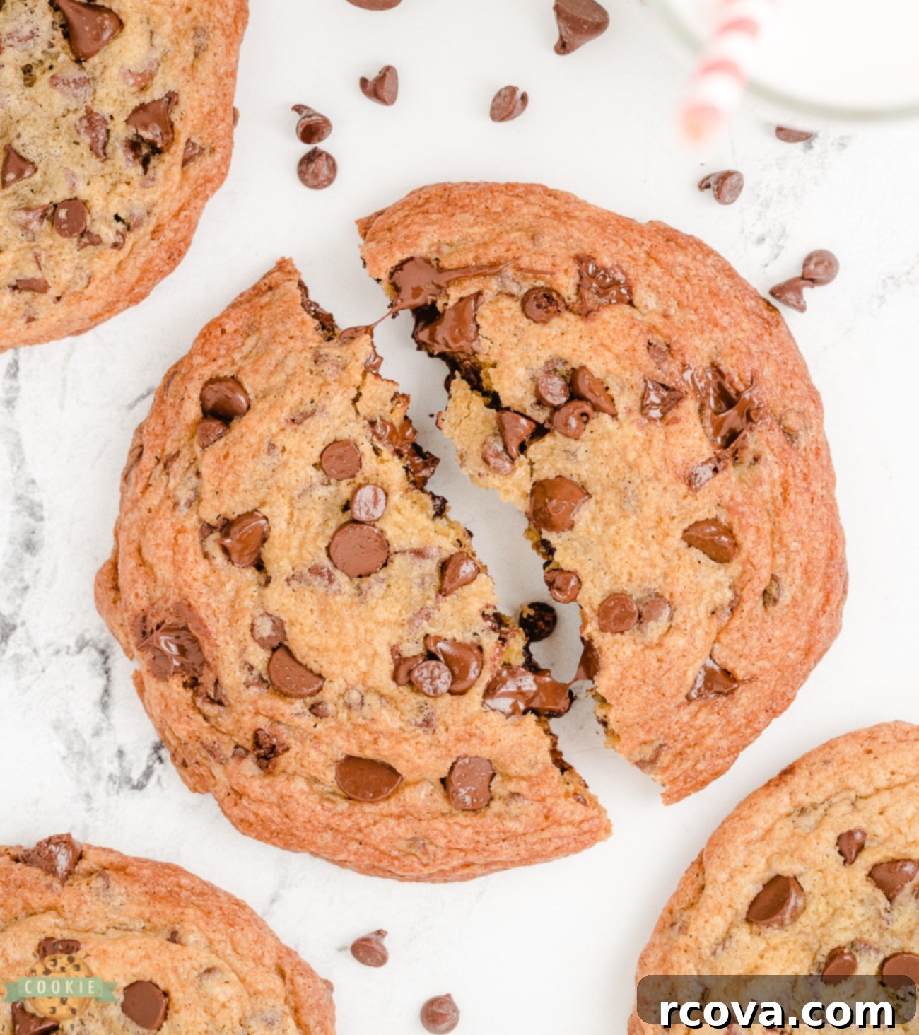 Giant Chocolate Chip Cookies 3 jumbo chocolate chip cookies broken in half with melting chocolate