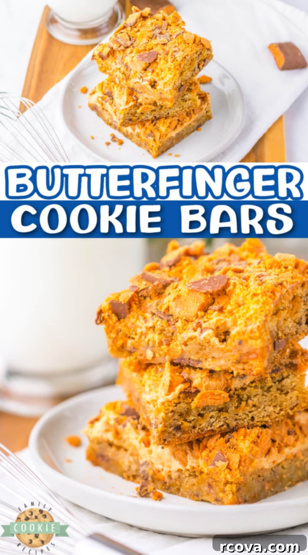 Butterfinger Crunch Cookie Bars 11 A stunning overhead view of an entire batch of Butterfinger Cookie Bars, freshly baked, frosted, and adorned with crushed Butterfinger pieces.