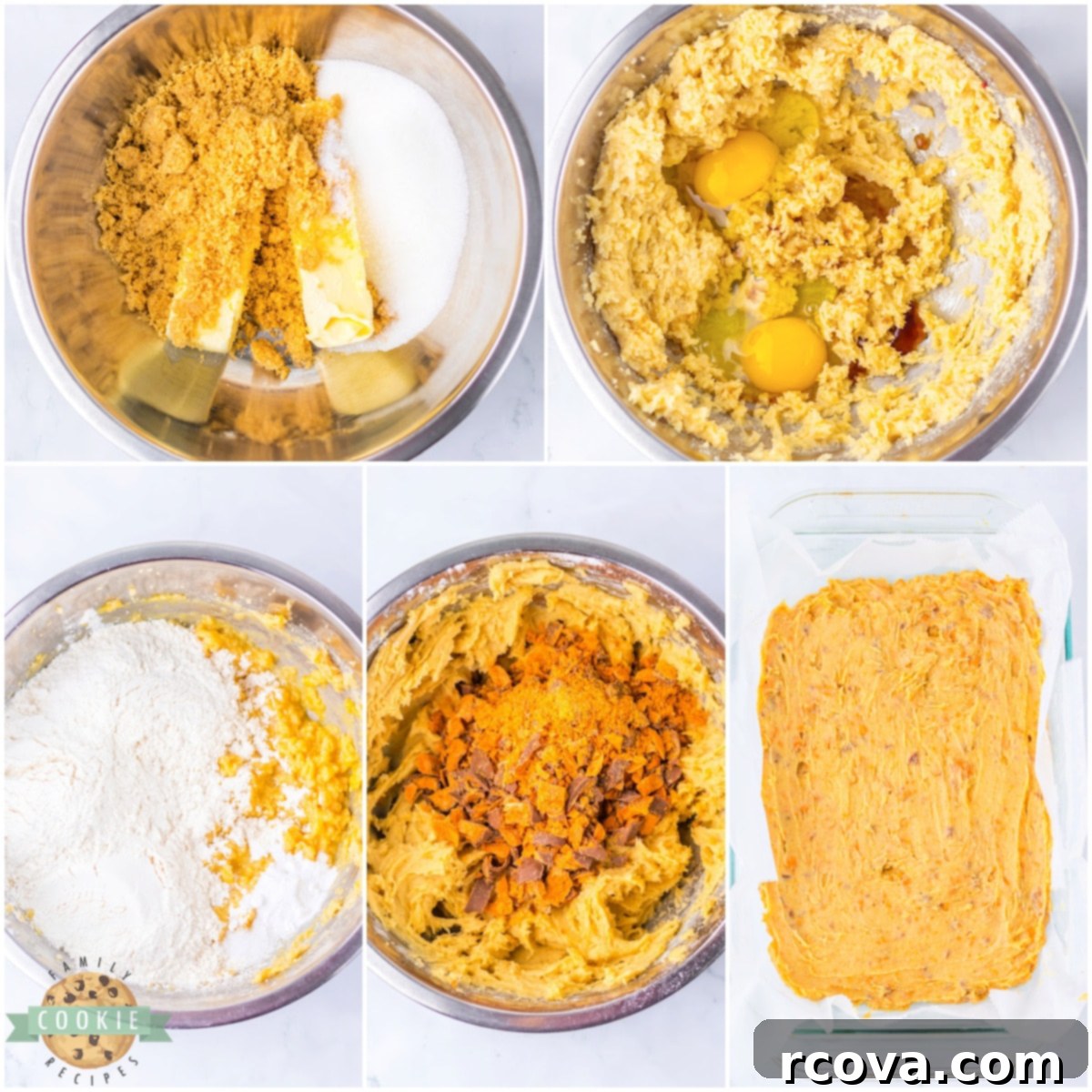 Butterfinger Crunch Cookie Bars 5 Detailed process showing how to make Butterfinger Cookie Bars, including mixing dough and preparing the pan.
