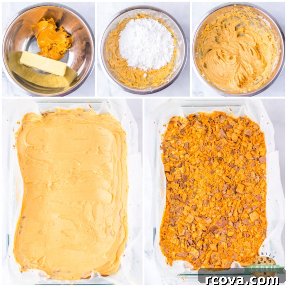Butterfinger Crunch Cookie Bars 6 Step-by-step process of making the creamy peanut butter frosting for Butterfinger Cookie Bars.