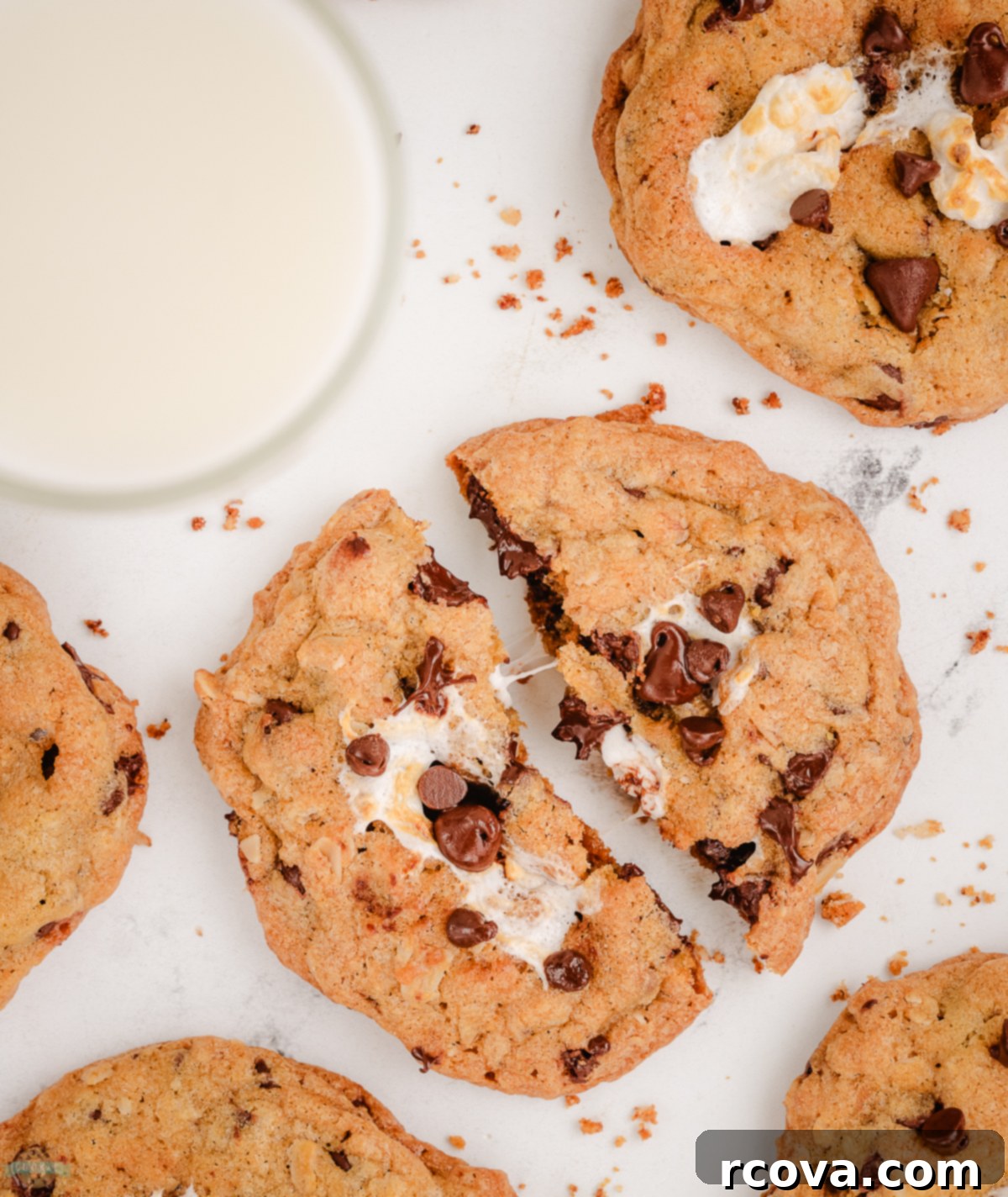 S'mores-Inspired Oatmeal Chocolate Chip Cookies 6 marshmallow stuffed oatmeal chocolate chip cookie broken in half