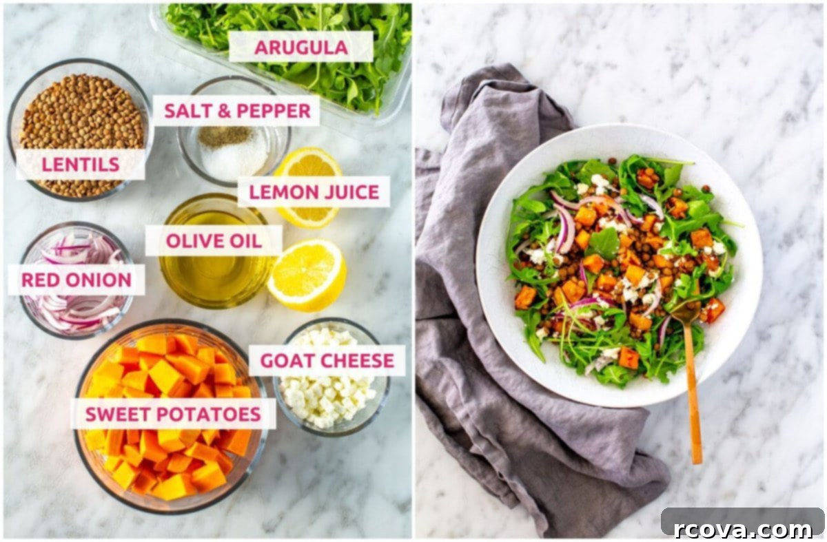Essential Arugula Salad 4 Ingredients for arugula salad: arugula, salt & pepper, lentils, lemon juice, olive oil, red onion, sweet potatoes, and goat cheese