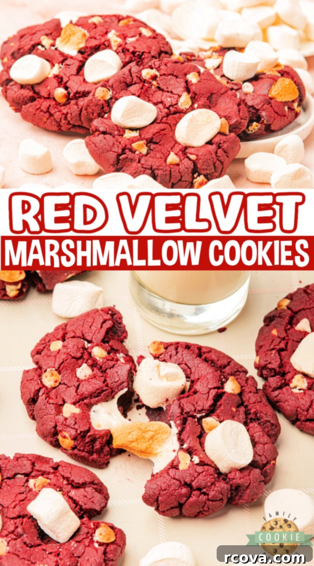 Crimson Cloud Cookies 12 Beautifully arranged Red Velvet Marshmallow Cookies on a serving plate, showcasing their inviting red color and inviting texture.