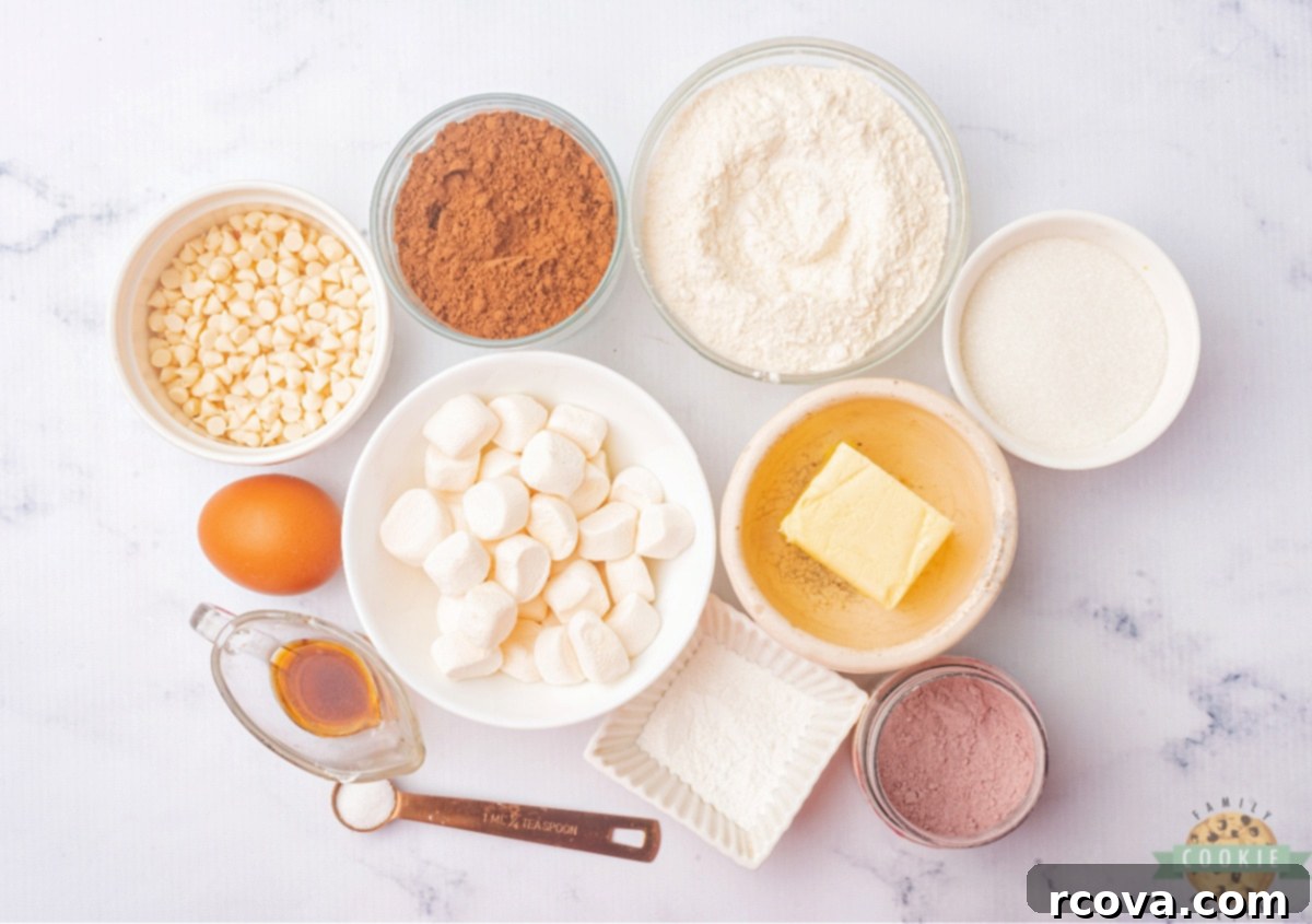 Crimson Cloud Cookies 4 A flat lay of all the essential ingredients laid out for making Red Velvet Marshmallow Cookies, including butter, sugar, flour, cocoa powder, white chocolate chips, and mini marshmallows.