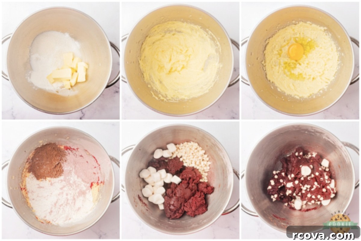 Crimson Cloud Cookies 5 Step-by-step visual guide showing how to prepare the dough for red velvet cookies with marshmallows and white chocolate chips.